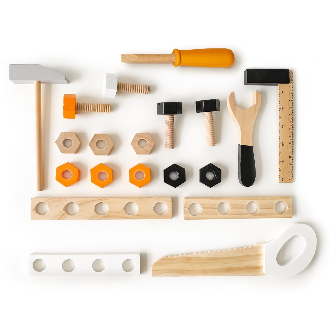 Drewniany warsztat z narzędziami 32 elementy